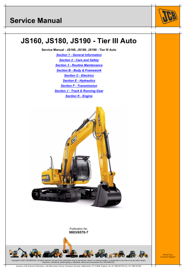 Detailed service and repair manual for the JCB JS190 excavator, including troubleshooting and maintenance