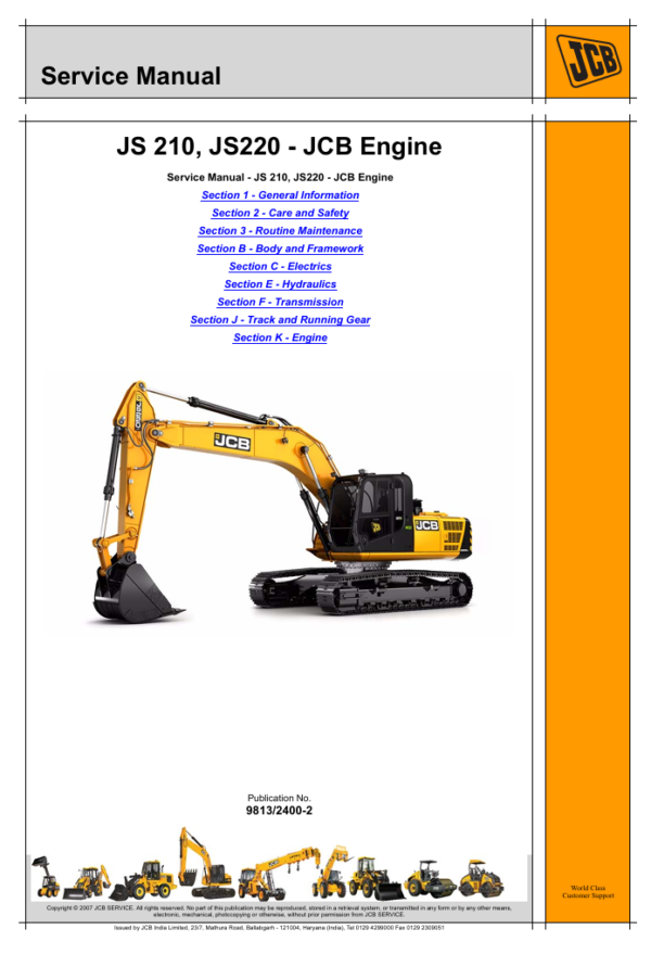 Detailed service and repair manual for the JCB JS210 excavator, including maintenance procedures and troubleshooting