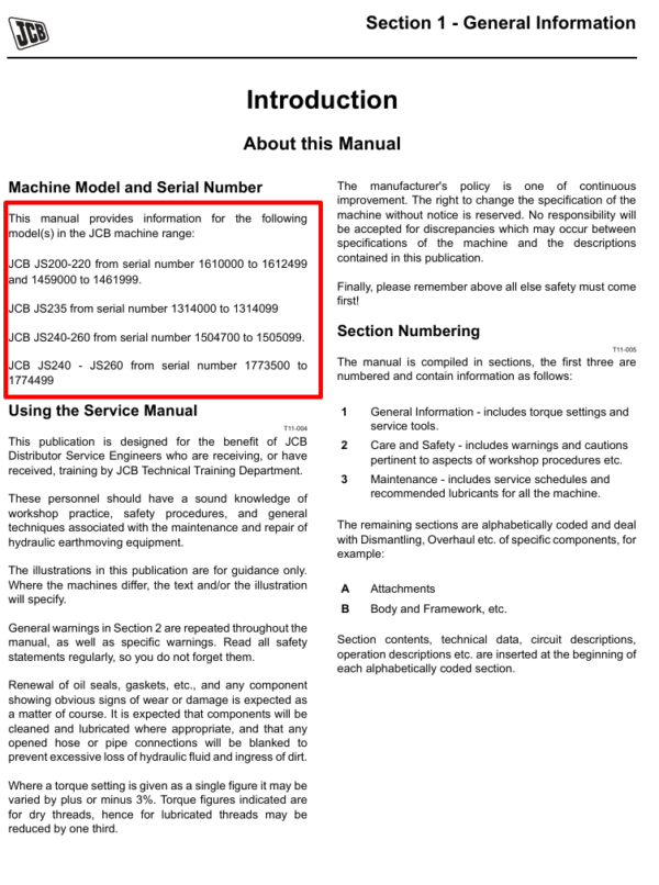 Service repair manual for JCB JS235 excavator, detailing maintenance and troubleshooting