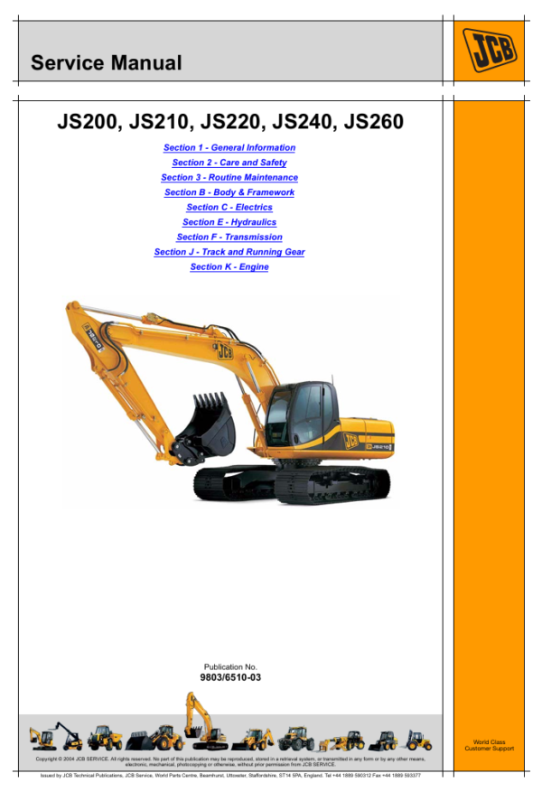 Detailed service and repair manual for the JCB JS240 excavator, including troubleshooting and maintenance