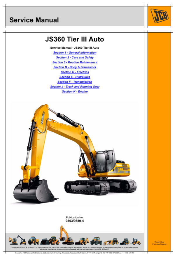 Detailed service and repair manual for the JCB JS360 excavator, including troubleshooting and maintenance procedures