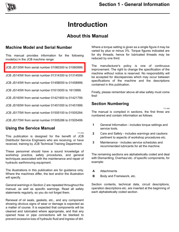 Detailed service and repair manual for the JCB JS145W Wheel Excavator, focusing on maintenance