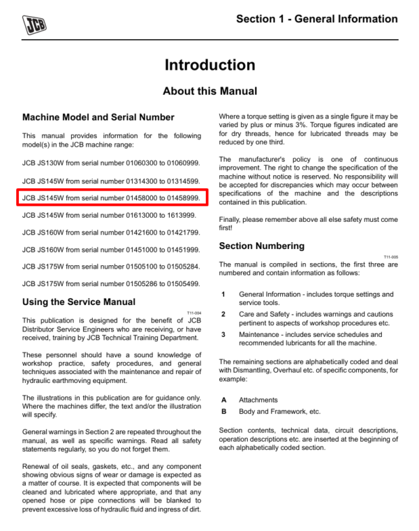 Discover the comprehensive service repair manual for the JCB JS145W Wheel Excavator