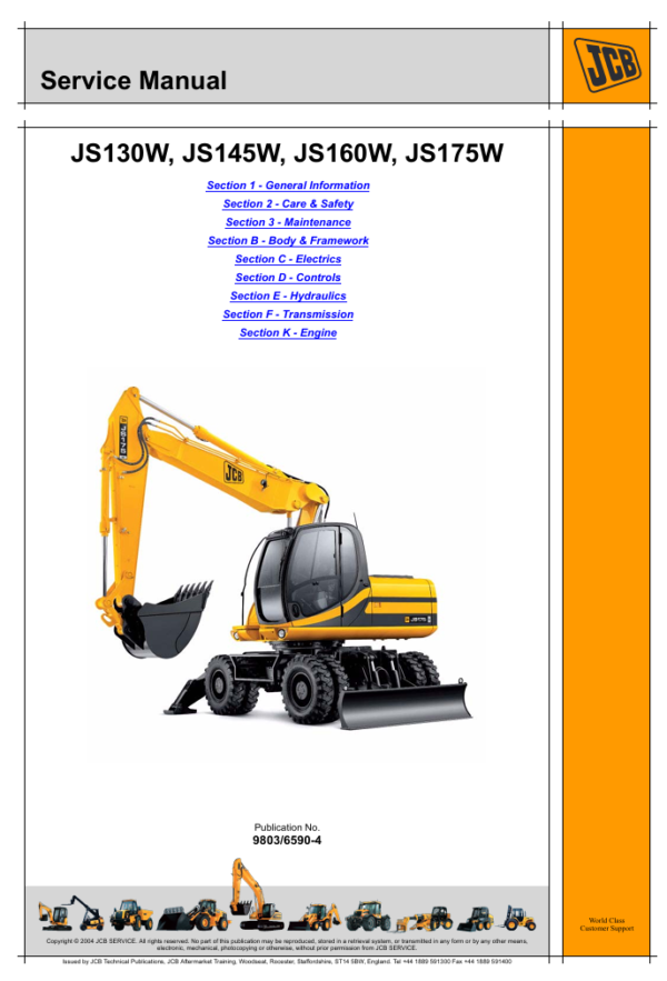 Comprehensive service manual for JCB JS145W Wheel Excavator, covering repair and maintenance guidelines