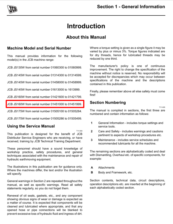 Detailed service and repair manual for the JCB JS160W Wheel Excavator, including maintenance procedures and troubleshooting