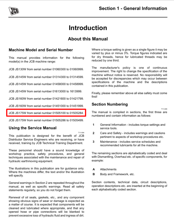 Detailed service and repair manual for JCB JS175W Wheel Excavator, ensuring proper upkeep and troubleshooting