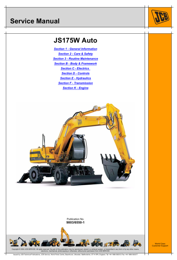 Comprehensive service manual for JCB JS175W excavator, covering repair guidelines and maintenance