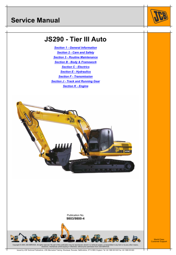 Detailed service and repair manual for the JCB JS290 excavator, including troubleshooting and maintenance procedures