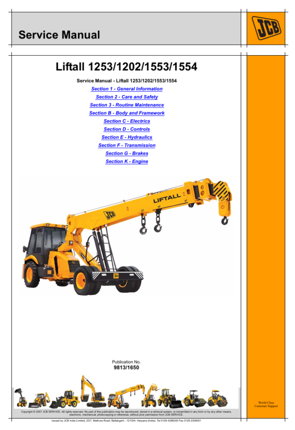 Service repair manual for JCB Liftall 1253, detailing maintenance and troubleshooting procedures