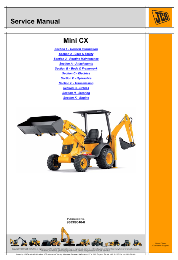 Comprehensive service manual for JCB Mini CX Backhoe Loader, covering repair and maintenance guidelines