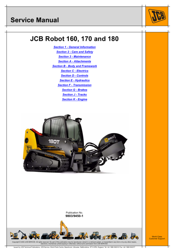 Comprehensive service manual for JCB Robot 180 Skid Steer Loader, covering repair and maintenance guidelines