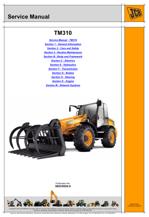 Service manual for JCB TM310 wheel loader, detailing maintenance and operational guidelines for optimal performance