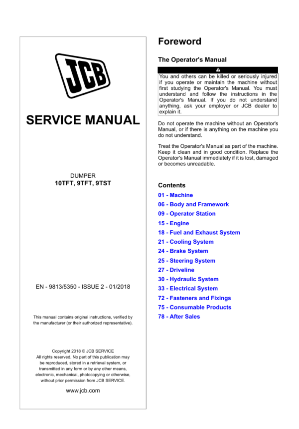 Detailed service repair manual for the JCB 9TFT Dumper, focusing on maintenance procedures and troubleshooting tips