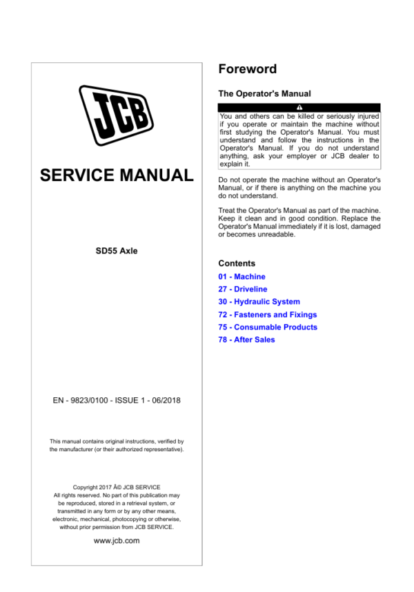 JCB SD55 Axle Service Repair Manual cover featuring detailed diagrams and instructions for axle maintenance and repair