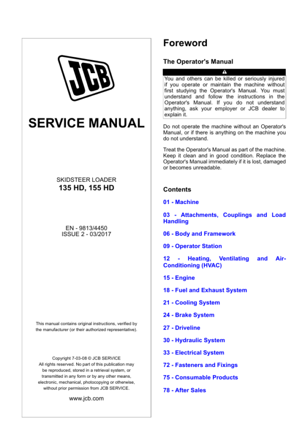 Detailed service and repair manual for the JCB 135 HD Skid Steer Loader, including maintenance tips and troubleshooting