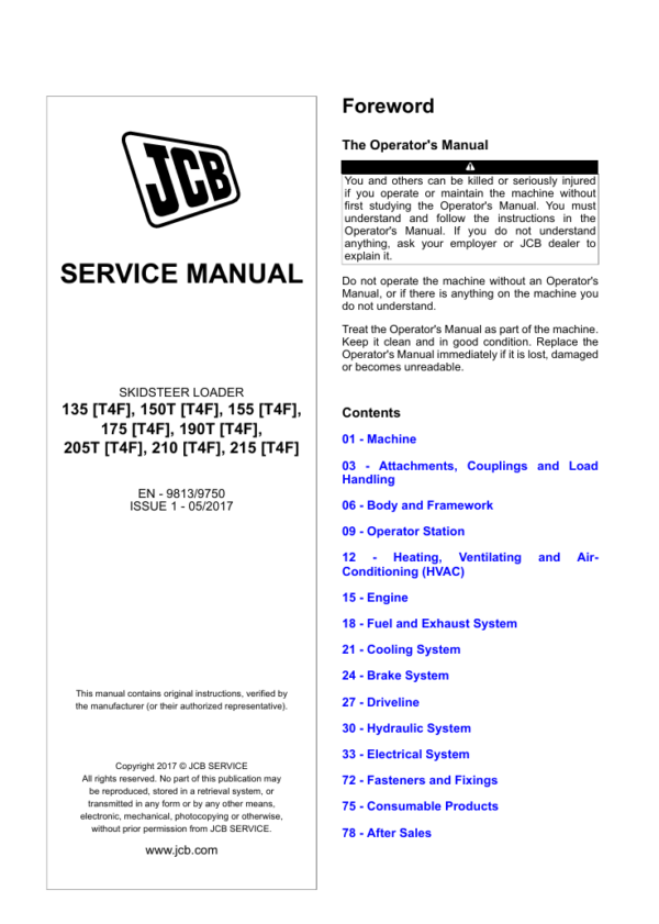 Detailed service and repair manual for the JCB 150t Skid Steer Loader, including maintenance tips and troubleshooting