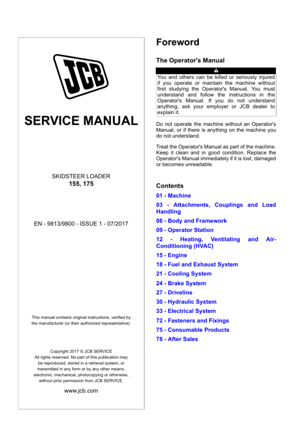 Detailed service repair manual for the JCB 155 Skid Steer Loader, focusing on maintenance and operational procedures