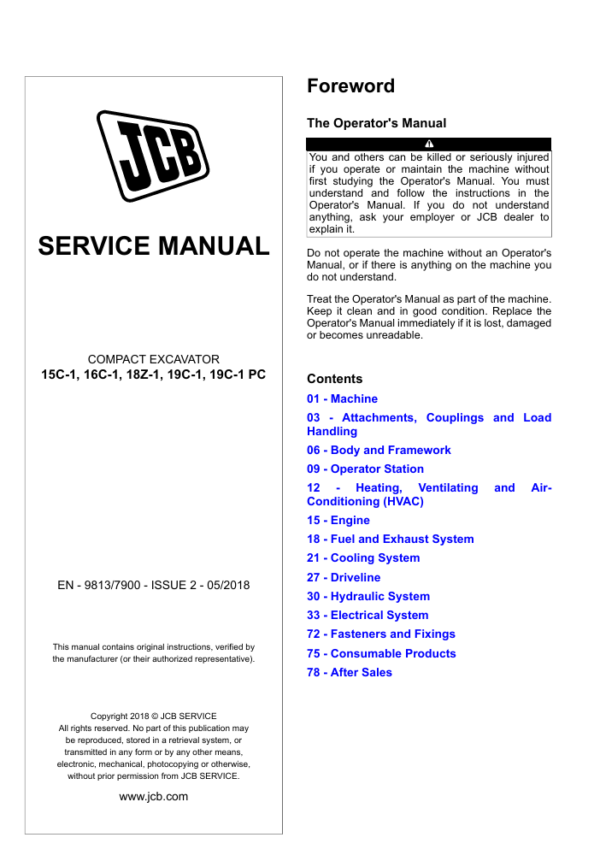 Comprehensive service manual for JCB 16C-1 Mini Excavator, covering repair and maintenance guidelines