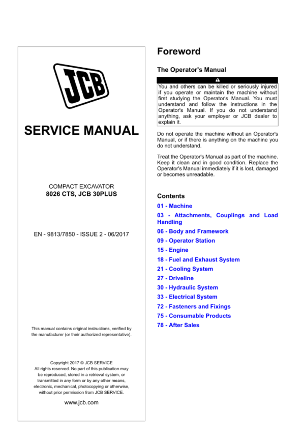 Detailed repair manual for JCB 30 PLUS excavator, offering guidance on service and maintenance tasks