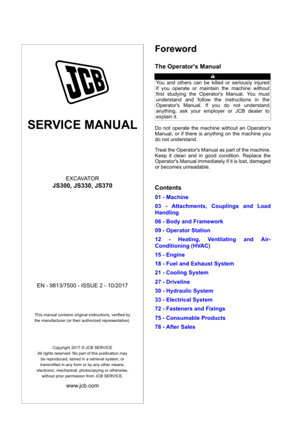 Comprehensive service repair manual for the JCB 300 Excavator, providing essential maintenance and repair guidelines