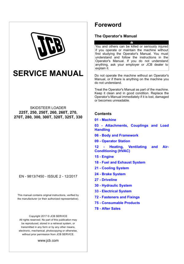 Comprehensive service manual for JCB 330 Skidsteer Loader, covering repair and maintenance guidelines