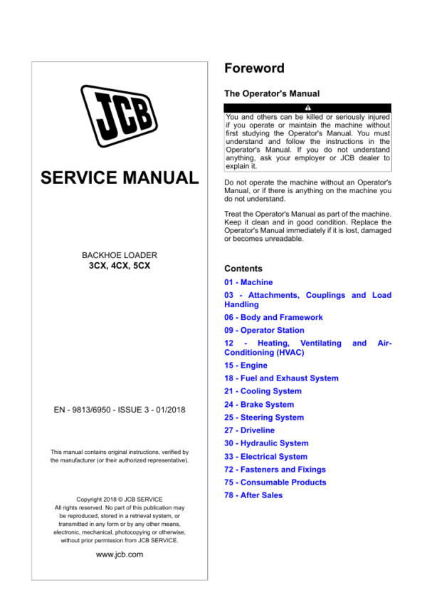 Detailed repair manual for JCB 3CX Backhoe Loader, offering guidance on service and maintenance tasks