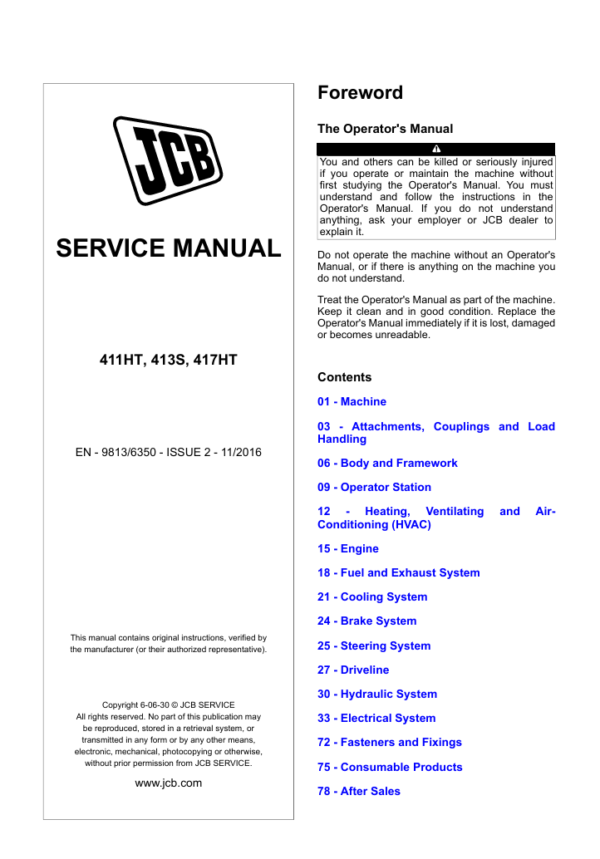 Detailed repair manual for JCB 413S Wheel Loader, including service procedures and maintenance guidelines