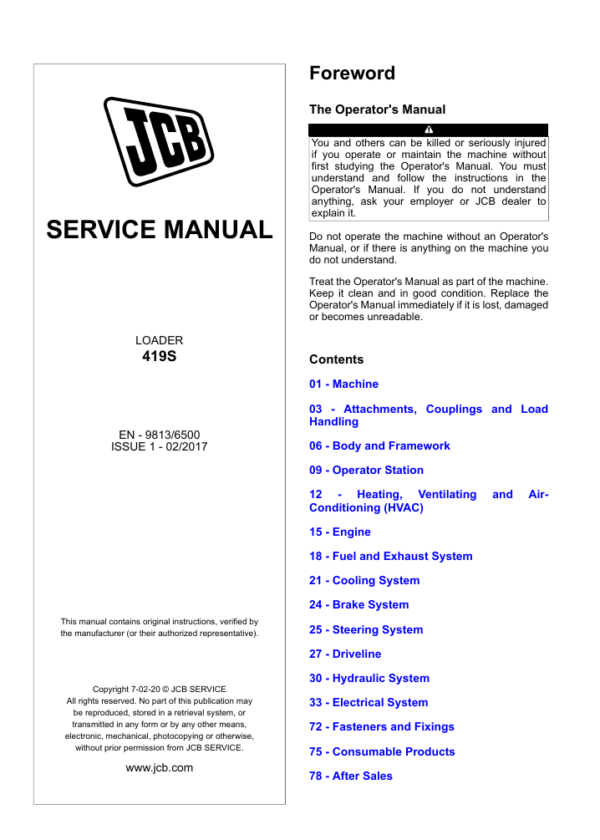 CB 419S Wheel Loader service manual, providing essential repair and maintenance instructions