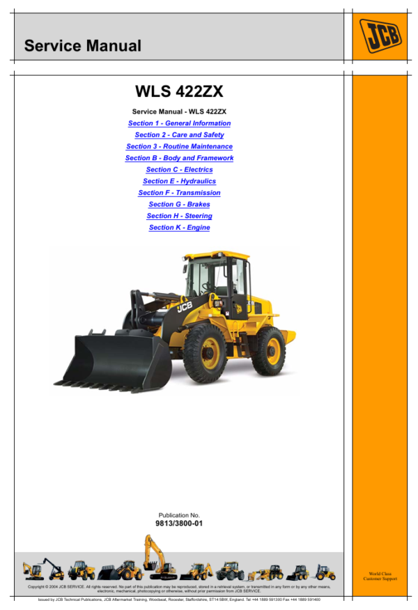 Service repair manual for JCB 422ZX Wheel Loader, detailing maintenance and troubleshooting procedures