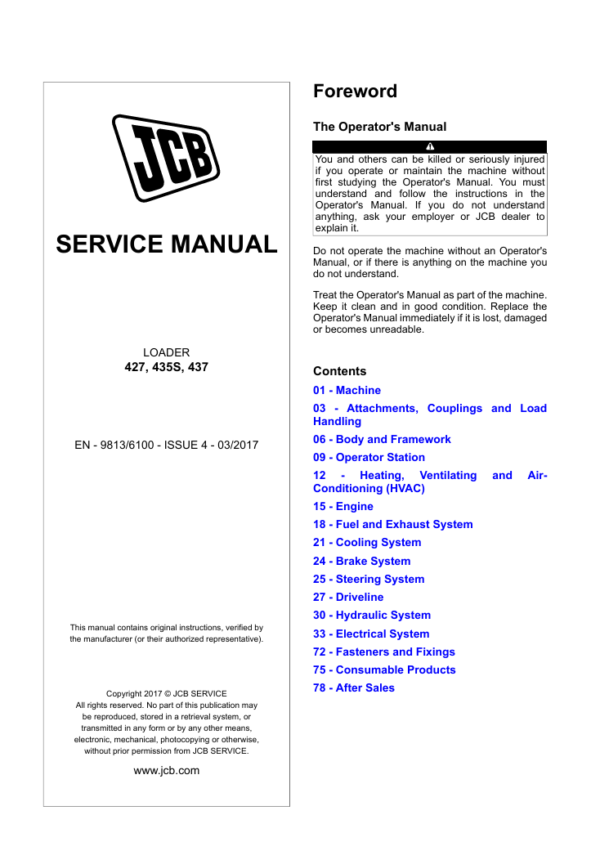 Service repair manual for JCB 427 Wheel Loader, detailing maintenance and troubleshooting procedures