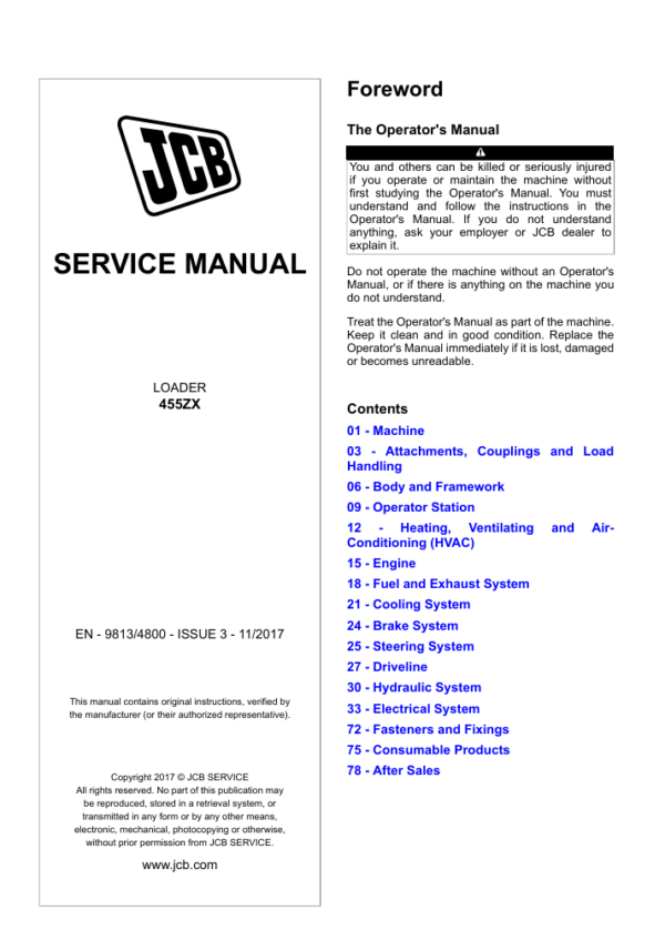 Detailed service and repair manual for the JCB 455ZX Wheel Loader, focusing on maintenance and operational guidelines