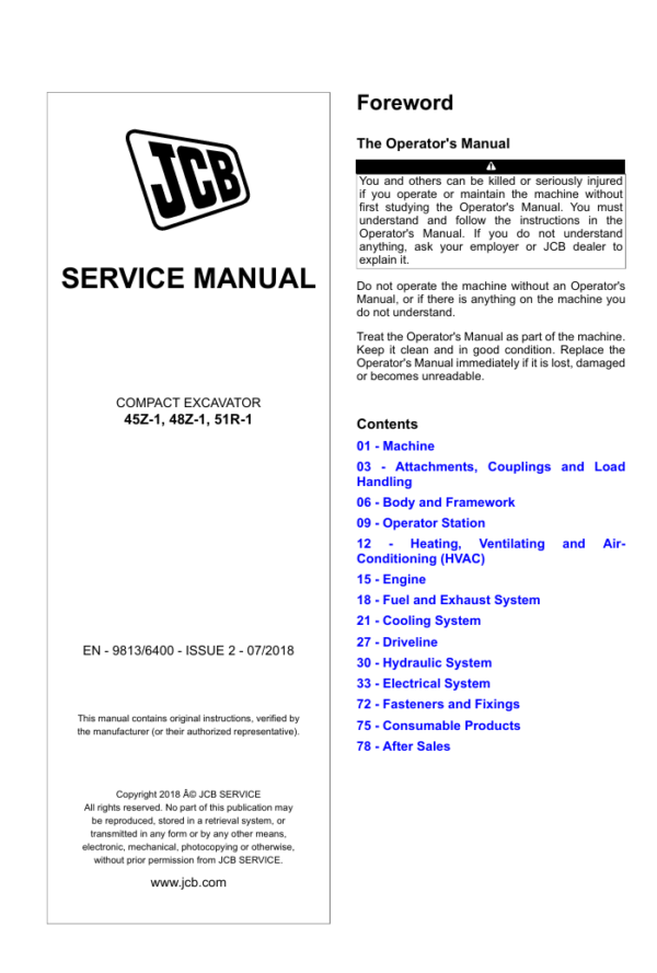 Detailed service and repair manual for the JCB 45Z-1 Compact Excavator, focusing on maintenance procedures