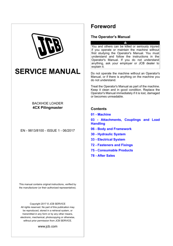 service repair manual for the JCB 4CX Pilingmaster Backhoe Loader. Enhance your machine's efficiency with detailed maintenance instructions