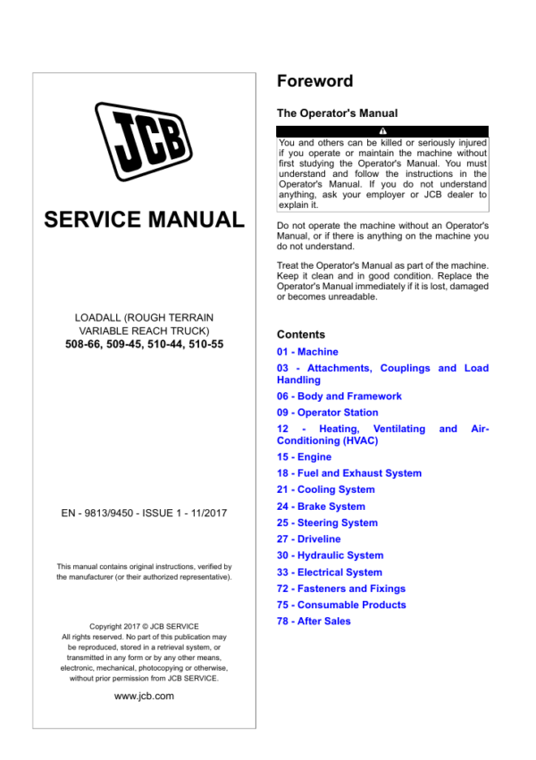 Comprehensive service repair manual for the JCB 509-45 Loadall, providing essential maintenance guidelines and procedures