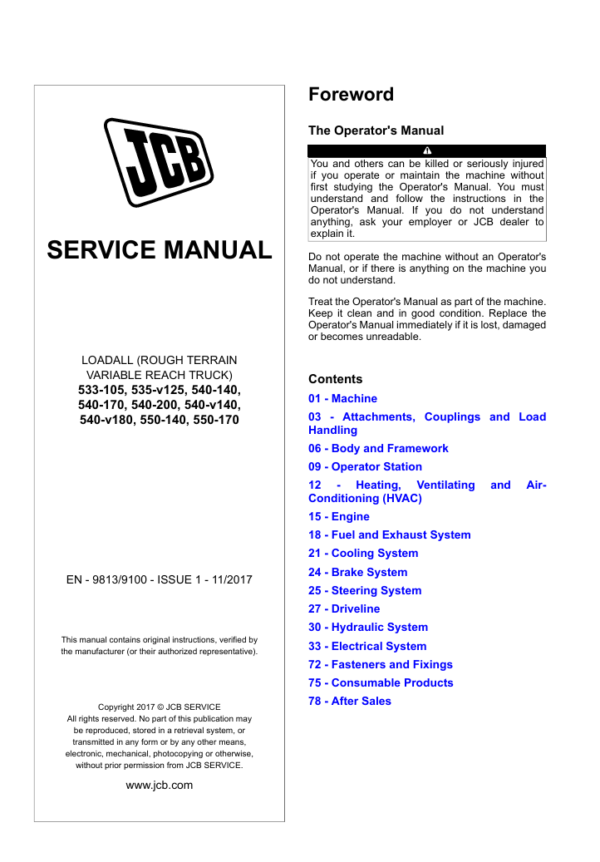 Service repair manual for JCB Loadall 533 105, detailing maintenance and troubleshooting procedures