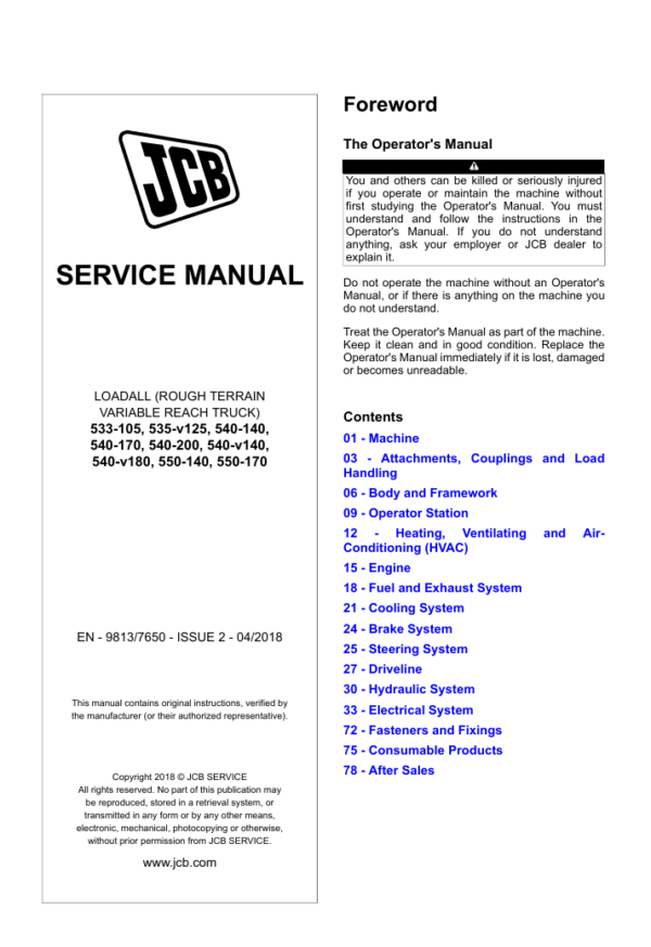 Comprehensive service manual for JCB 533-105 Telehandler, including repair guidelines and maintenance tips