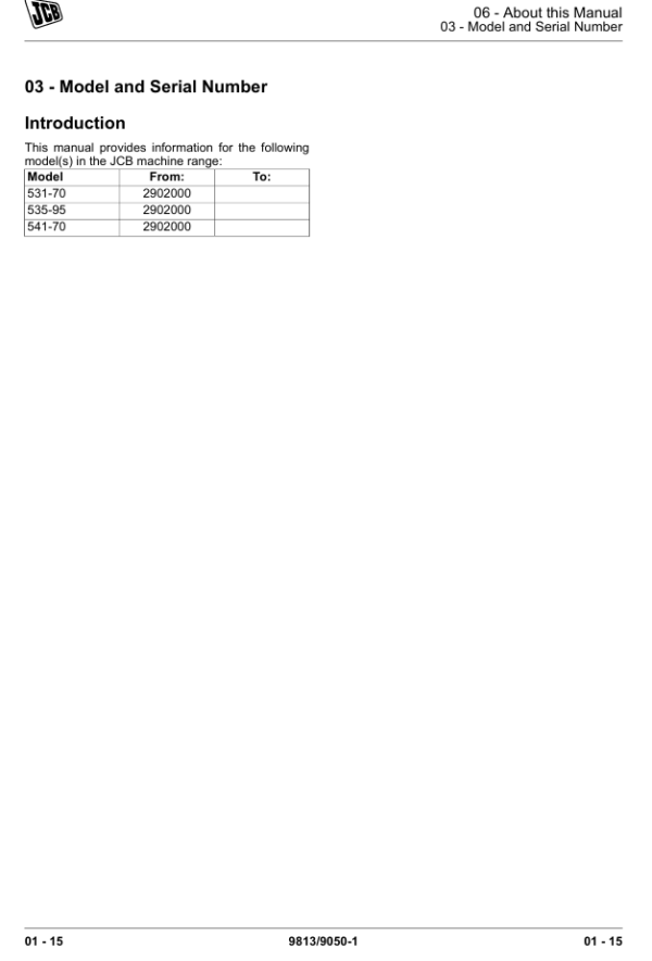Comprehensive service manual for JCB 532-95 Loadall, covering repair and maintenance guidelines