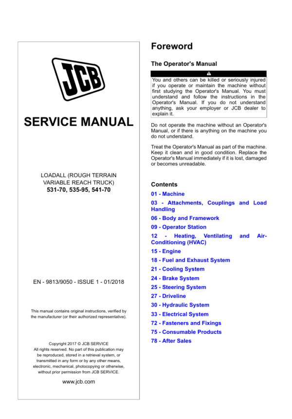 Service repair manual for JCB 532-95 Loadall, detailing maintenance and troubleshooting procedures