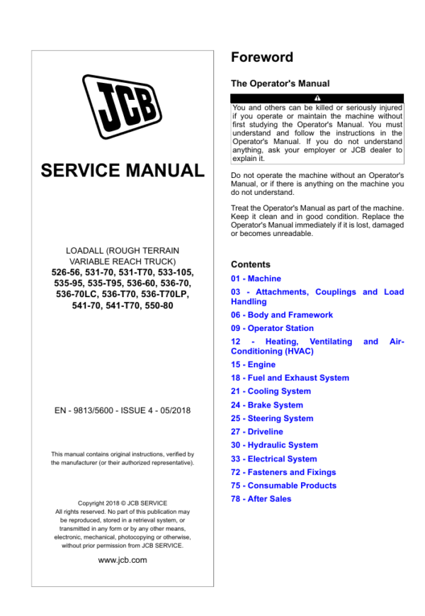 JCB 536-60 Telehandler service manual, providing essential repair instructions and maintenance tips