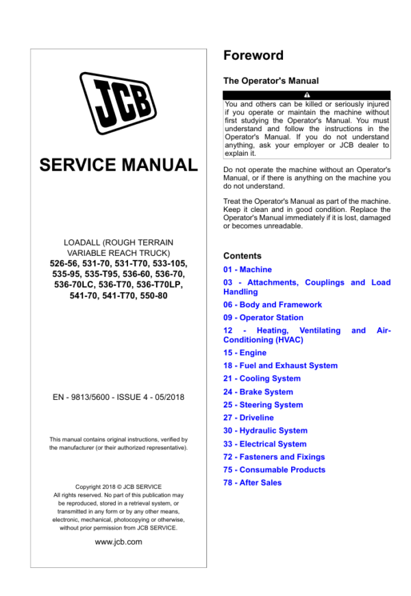 Service repair manual for JCB 536-70 lp Telehandler, detailing maintenance and troubleshooting procedures