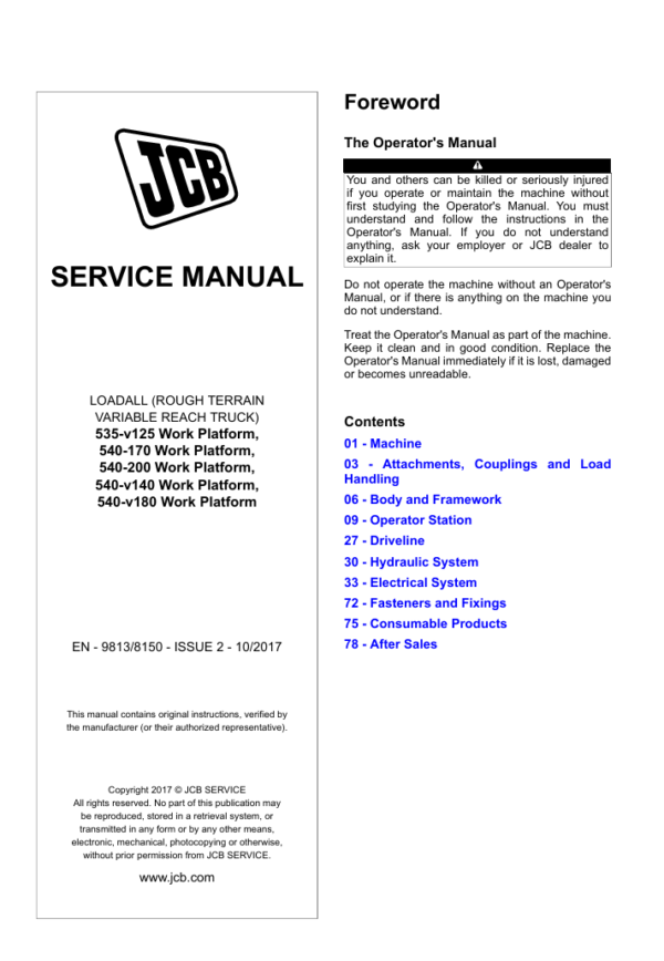 JCB 540-200 Work Platform Service Repair Manual for essential maintenance and repair