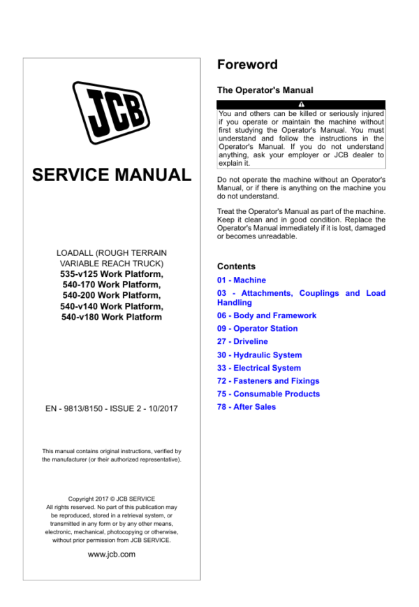 JCB 540v180 Work Platform with our Service Repair Manual. Get the necessary guidance for effective maintenance and repairs