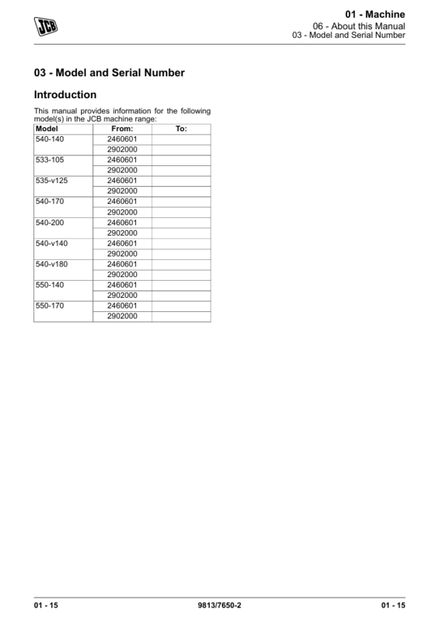 Service repair manual for JCB 550-140 Telehandler, detailing maintenance and troubleshooting procedures