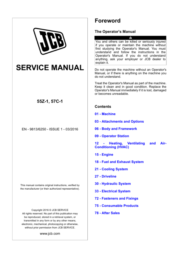 Detailed service and repair manual for the JCB 55Z-1 Mini Excavator, focusing on maintenance and operational guidelines