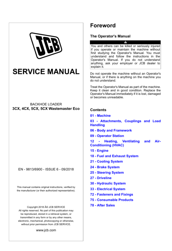 Detailed service and repair manual for the JCB 5CX Wastemaster Eco Backhoe Loader, focusing on maintenance practices