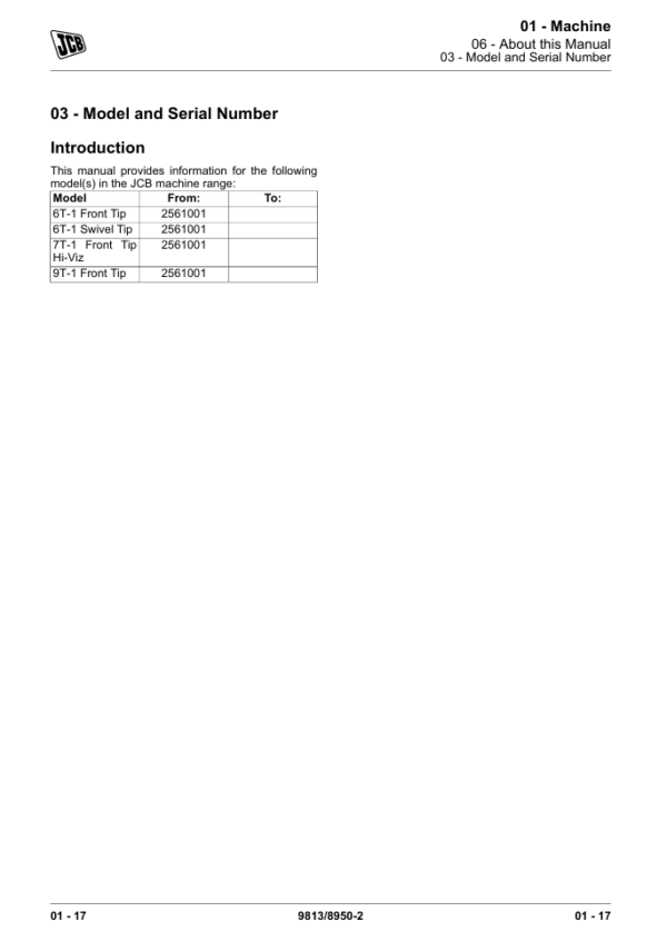 Detailed repair manual for JCB 6T-1 Front Tip Dumper, focusing on service and maintenance