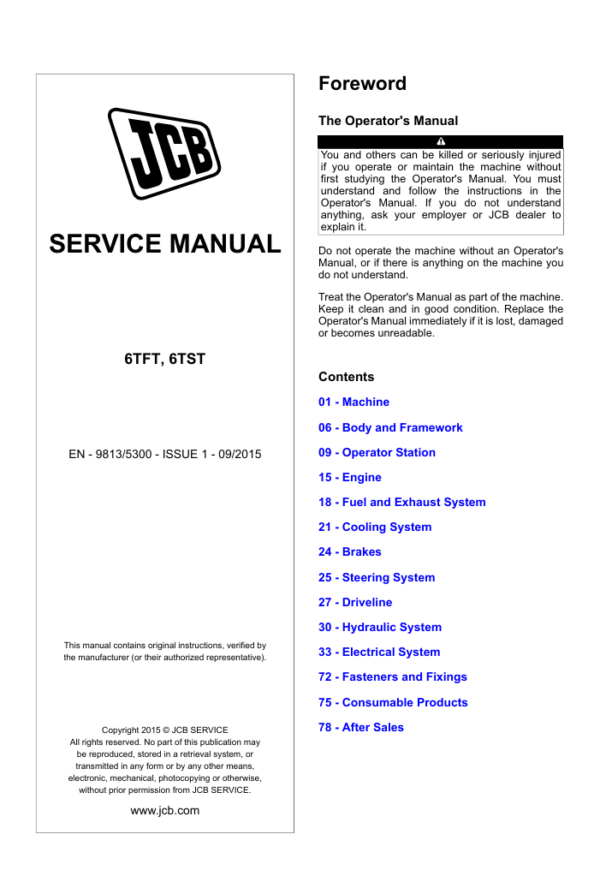 JCB 6THT Dumper Service Repair Manual cover featuring detailed maintenance and repair guidelines for the equipment