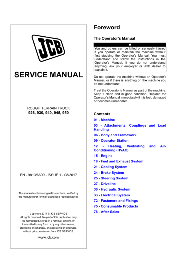 Detailed service and repair manual for the JCB 926 Rough Terrain Truck, focusing on maintenance procedures