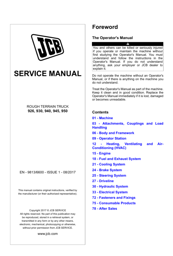 Detailed service and repair manual for the JCB 940 Rough Terrain Truck, focusing on maintenance procedures