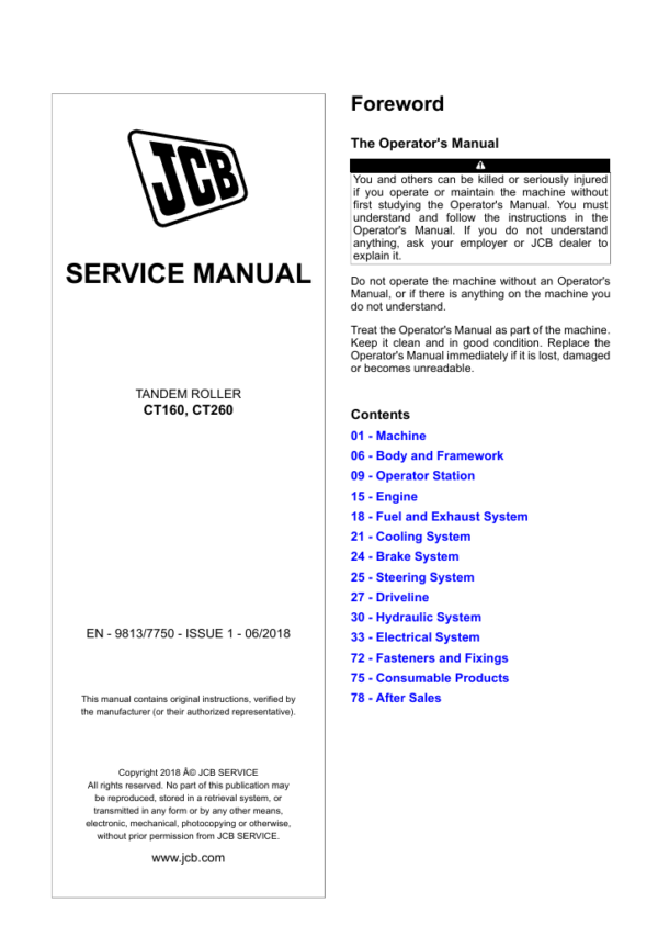 Detailed repair manual for JCB CT160 Tandem Roller, outlining service procedures and maintenance tips